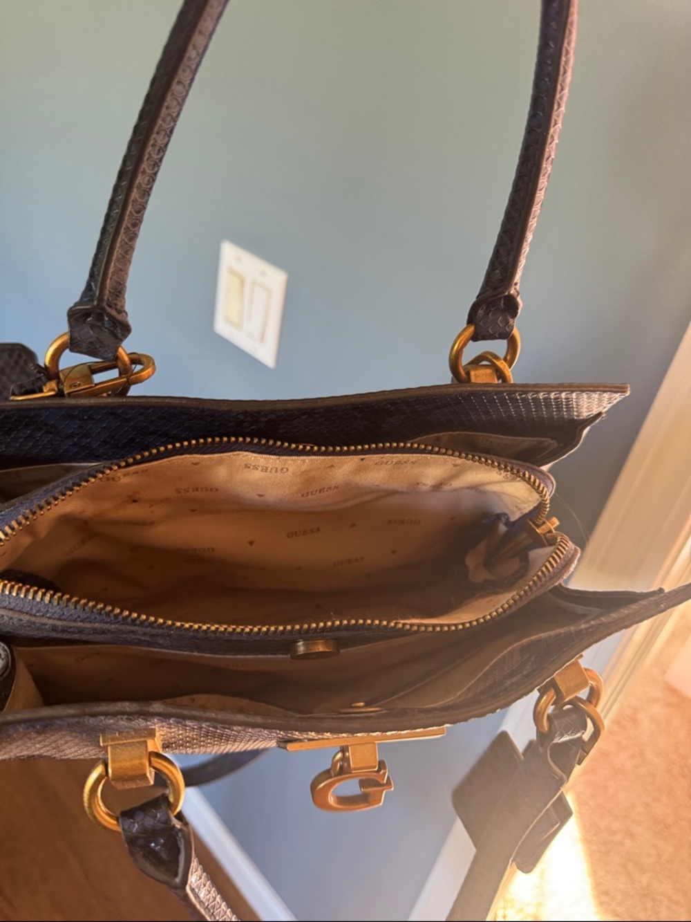 GUESS Navy Textured Satchel with Gold Hardware - Picture 4 of 4